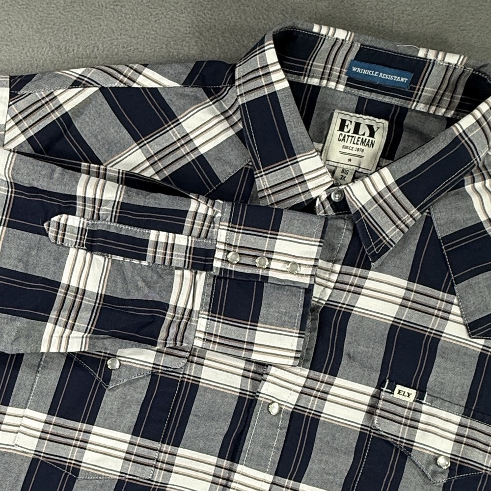 Ely Cattleman Western Pearl Snap Shirt Big 3XL Blue White Plaid Wrinkle Resist
